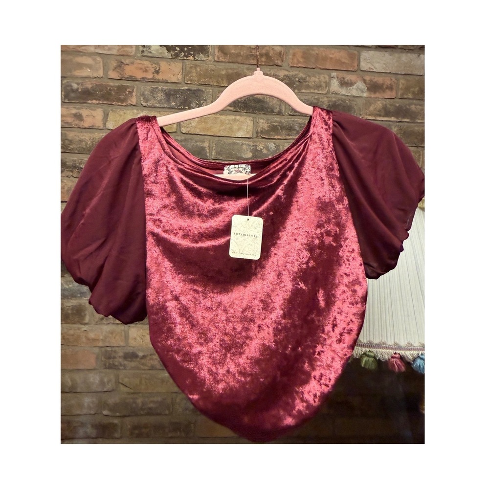 Intimately Free People Velvet Puff Sleeve Crop Top Burgundy Cutout Back XS NWT